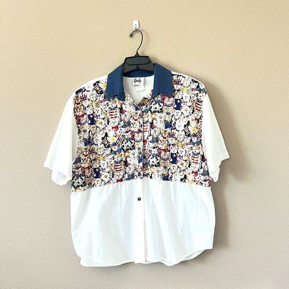 Tapestry Vintage Cat Lady American Flag Print Button Down - Picture 1 of 8